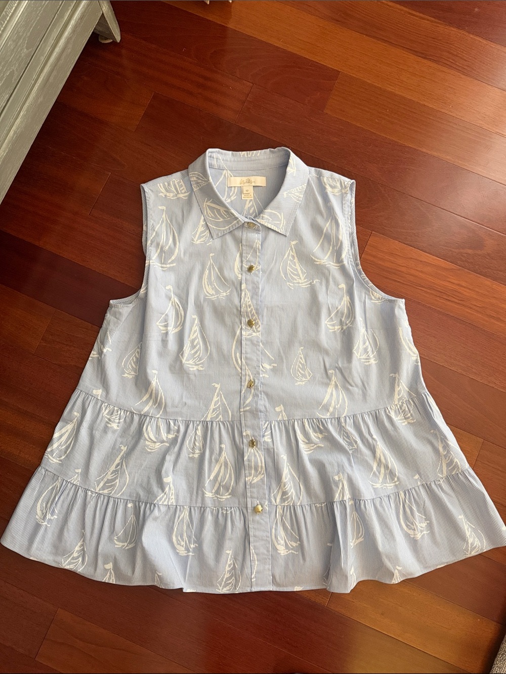 Lilly Pulitzer Light Blue & White Sailboat Tiered Button-Up Top